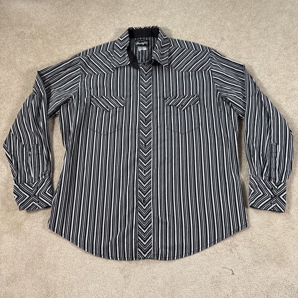 Vintage‎ Wrangler Authentic Western Shirt Mens XL Black Pearl Snap LS Striped